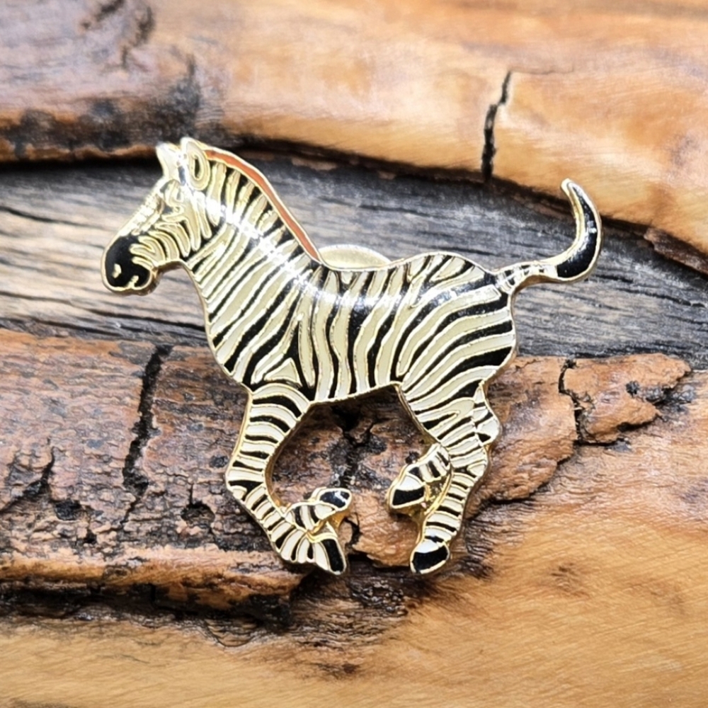 Zebra Brooch Straight Tack Pin On Back Enamel with Heavy Clear Coat